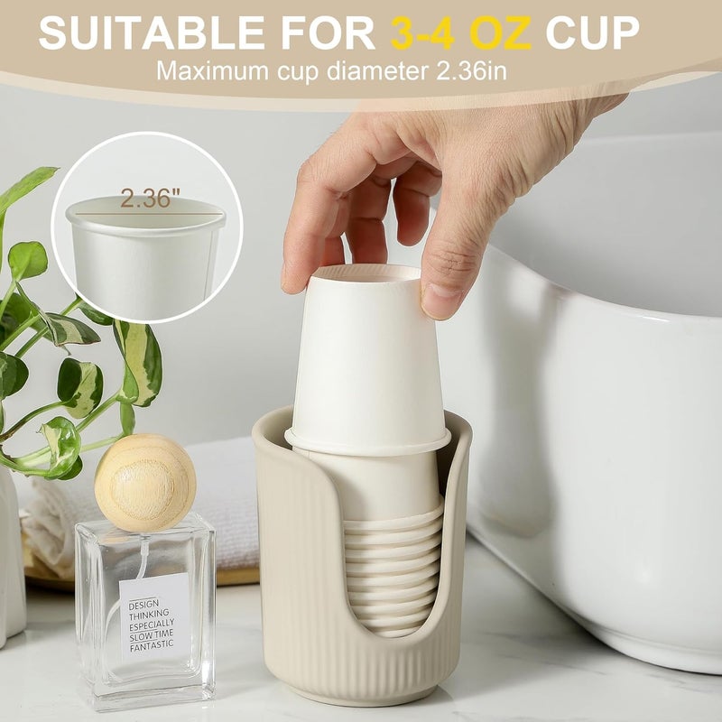 Dobbyby Ceramic Bathroom Cup Dispenser with Stylish Vertical Stripes - Disposable Mouthwash Cup Holder Holds 3-4oz Paper Cups for Rinsing Cups on Bathroom Vanity Countertops (Matte Beige) - Image 3